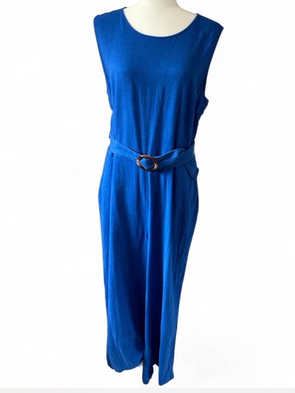 LOFT Royal Blue Linen/Viscose Wide-Leg Jumpsuit Size 16 Belted Pockets Career